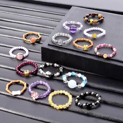 Natural Stone Crystal Round Elastic Ring, Open Ring Band, Fashionable Ring Accessory Factory Wholesale