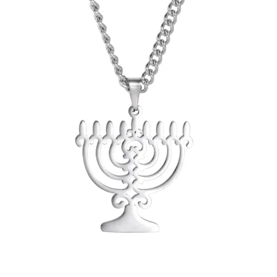Hanukkah Menorah Pendant Necklace for Women Men Stainless Steel Emblem Faithful Jewish Religious Jewelry Link Religious Gifts