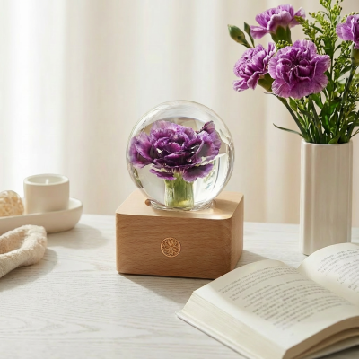 Mother Day Gift Souvenir Resin Craft Wooden Base Desk Light Thoughtful Gift with Real Dried Flower