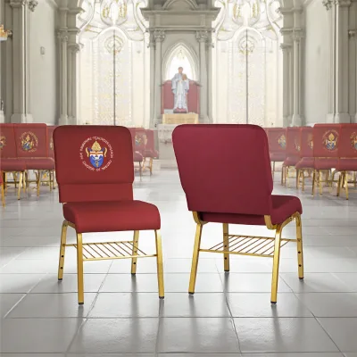 Cheapest Royal Red Wine Cheap Church Pulpit Chairs for Sale / Interlocking Church Chair With Back Pocket