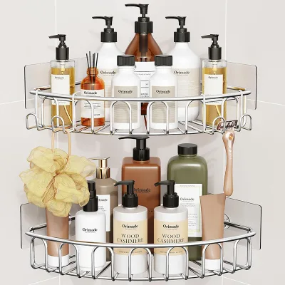 Eco Friendly Black Stainless Steel Shower Caddy Wall Mounted No Drilling Adhesive Bathroom Organizer