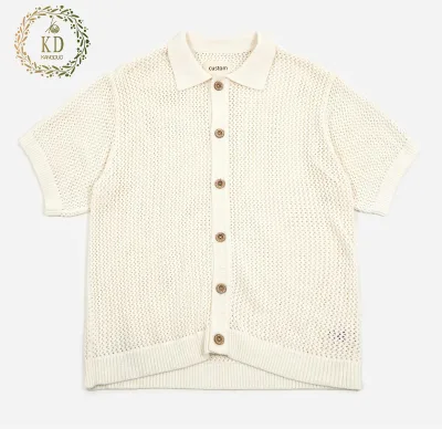 KD Knit Manufacturer Custom OEM ODM Summer Loose Rib Cuffs Buttons 100% Cotton Mesh Hollow Out Men Knit Shirt Cardigan