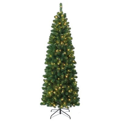 Realistic Slim Pencil Pine Christmas Tree with Pre-Strung Warm White Lights, Narrow Artificial Holiday Tree