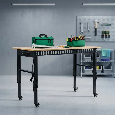 OEM ODM Heavy-Duty Workbench Adjustable Height Oak Wood Hardwood Top Work Table 900KG Load Capacity for Office Home Workshop