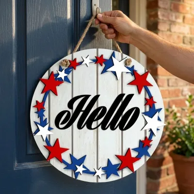4th July Hello Round Wooden Door Sign 3D Stars Wreath Rustic Patriotic Front Door Decor Independence Day Wholesale Bulk