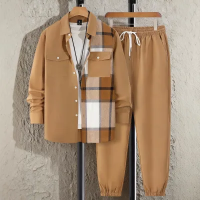 Cross-border Casual Men's Autumn Lapel Plaid Color-matching Double-pocket Long-sleeved Shirt Solid Color Pants Two-piece Set