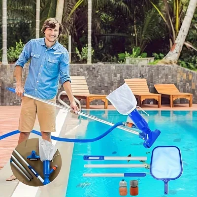 Blue swimming pool mini-jet vacuum with brush bag, handheld, underwater cleaner