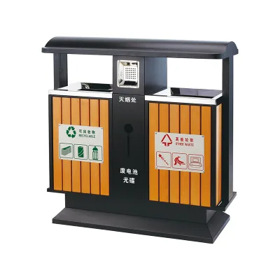 Outdoor Street Trash Can Dustbin Paper Basket Litter Bin 2 in 1 Wooden Waste Bin 3 Compartment Recycle Bin