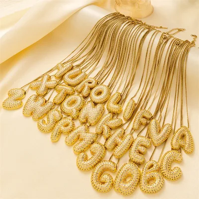 Fashion Jewelry Custom Stainless Steel Brass Zircon Balloon Bubble Chubby 26 English Letters Pendant Necklace