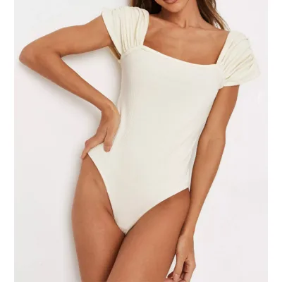 K210195 Customized Women's Jumpsuits Pleated Shoulder Romper Women Bodysuit Jumpsuit Short Sleeve Women's Jumpsuits & Playsuits