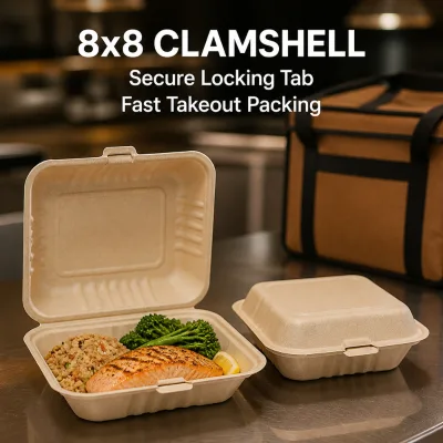Wholesale 8x8 Bagasse Clamshell Box Compostable Sugarcane Takeout Food Container for Restaurant Delivery