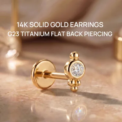 Chic Hypoallergenic 14K Solid Gold Head G23 Titanium Cartilage Stud Geometric Single Zircon Earring