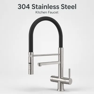 JIKU Dual Handle Modern Pull Out 304 Stainless Steel Mixer Kitchen Tap 5 Way Faucet with Sprayer and Water Filter