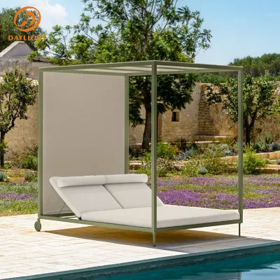 Modern Outdoor Canopy Daybed with Wheels, Aluminum Frame Patio Sunbed Lounge with Adjustable Backrest and Privacy Side Curtains