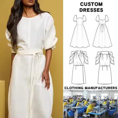 Custom a Line Long Sleeve Linen Dress Breathable and Straight Hem New Design for Ladies Dress in Autumn