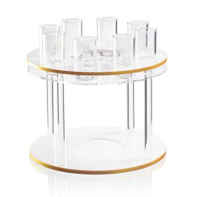 Custom Gold Rim Double Layer Round Acrylic Kiddush Cup Tray | Lucite 7 Wine Glass Display Stand for Passover Judaica Ritual