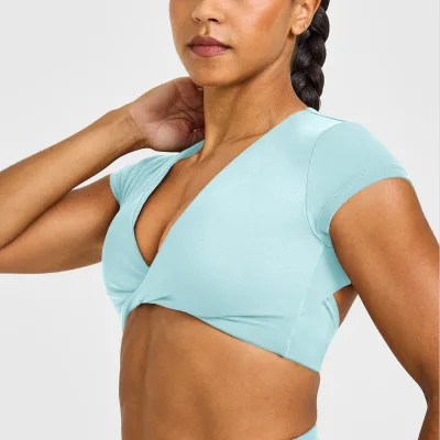 Women Padded Ruched V Neck Yoga Shirt Breathable Short Sleeve Hollow Out Back Fitness T Shirt for Casual Commute Workout Sports