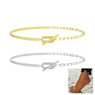 Cuba and Rectangle Chain Link With Cubic Zircon OT Buckle Wholesale Silver Anklet 925 Sterling Silver Anklets for Women Girls