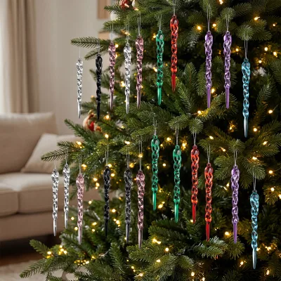 12pcs Christmas Decorations Pink Santa Sleigh Pendants Artificial Acrylic Icicles Ice Cones Tree Hanging Ornaments