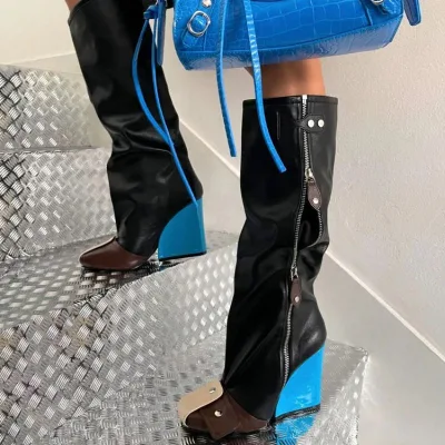 Womens Knee High Boots Microfiber Leather Open Toe Color Block Zipper Boots for Fashion Forward Women in Extended European Sizes
