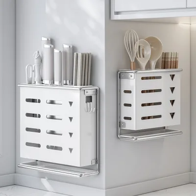 Knife Holder No Drill Slim Kitchen Knife Rack with Chopsticks Cup for Countertop Cabinet Kitchen Organization