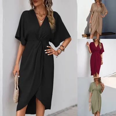 A Best-selling Casual Date Dress in a Simple Style With Shoulder Sleeves in Solid Colors and Irregular Patterns in Europe and Am