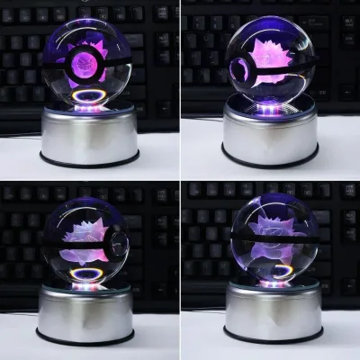 Small Toys Nice Fashion 3D Engraving Pokeball Crystal Ball With LED Base Christmas Gifts 3d Crystal Ball Unique Lamp