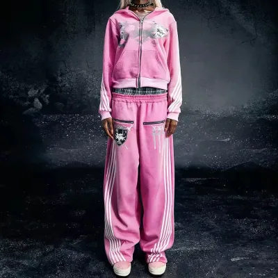 Custom Men's Streetwear DTG Embroidered Hoodie and Sweatpants Set Old Pickling Striped Design 100% Cotton Material