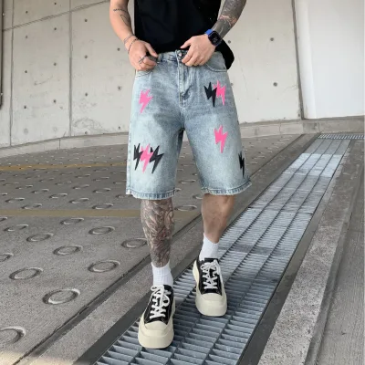 New Trendy Men's Light Washed Denim Shorts with Loose Straight Leg Lightning Decoration
