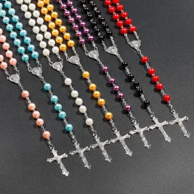 8mm Acrylic Round Beaded Long Chain Rosary Necklace Religion Christian Mary Jesus Cross Pendant Necklace for Women Men