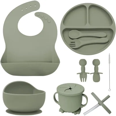 10pcs Set Baby Feeding Set Suction Baby Silicone Spoon Plate Bowl With Sucker