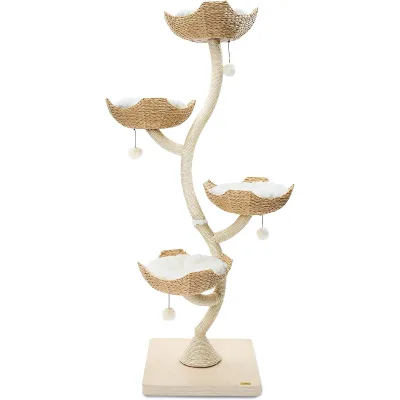 HS Luxury Polished Wood Multi-Level Cat Condo Scratching Tower Sisal Posts Perches Hammock-Multifunction Tabletop Design