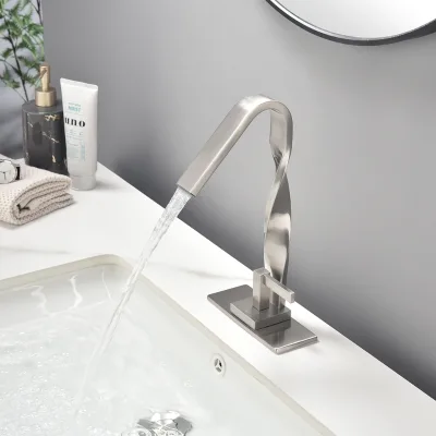 Brushed Nickel Single Hole 1 Handle High Arc Modern Bathroom Basin Faucet Tall Swan Neck Lavatory Sink Mixer Tap for Vanity