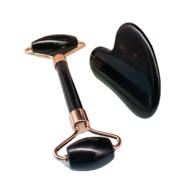 Skincare Face Roller Massage Natural Black Obsidian Jade Roller and Gua Sha Set