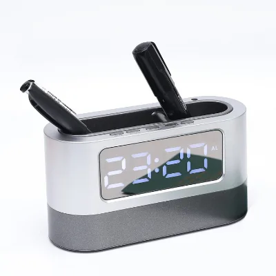 Office Mirror LED Electronic Pen Clock Time Calendar Display Digital Penholder Clock Desk Stationery Storage Gifts