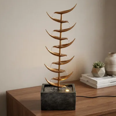Vintage Bronze Metal Cascading Water Ornament, Multi-Plate Lotus Leaf Fountain with Stone Base Planter for Home