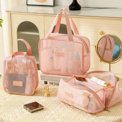 Large Capacity Mesh Handheld Makeup Bag Zipper Square Storage Toiletry Bag Organizer Case Multi-layer
