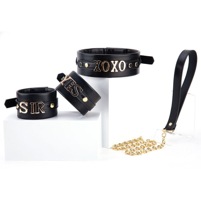 Letter Symbol Black Bondage Fetish Bdsm Two-Piece Blindfold Handcuffs Collar Couple Games for Adult