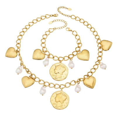 Wholesale Stainless Steel 18k Gold Heart Chain Necklace with Faux Pearl Pendant OEM Gift Box Available