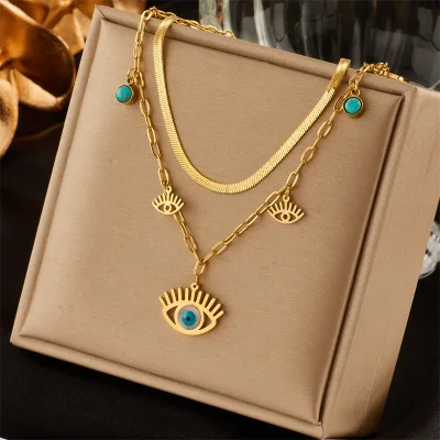Personalized Double-Layer Titanium Steel Necklace Devil Eye Turquoise Pendant Heart Shape Buddhism Charm Gold Plated Link Chain