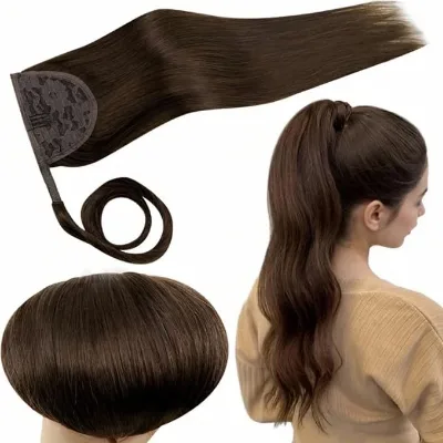 Chocolate Brown Real Human Ponytail Drawstring Clip in Hairpiece , Raw  Virgin Chinese Hair Wrap Around Ponytail Extension