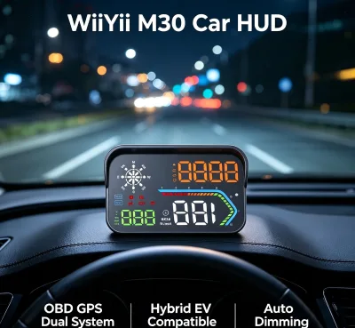 WiiYii M30 Car HUD OBD GPS Dual System Speedometer Hybrid EV Compatible Overspeed Alarm Compass Fuel/Water Temp Auto Dimming