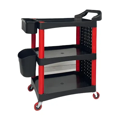 3-Shelf Plastic Utility Cart on Wheels: Rolling Commercial Work Service Cart for Garage & Restaurant - Made in China