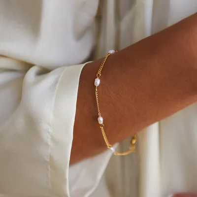Gemnel Designer 925 Sterling Silver Fashion Jewelry Natural Freshwater Pearl Cuban Link Chain Simple Bohemia Bracelet