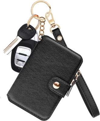 Leather RFID Blocking Keychain Wristlet Black Womens Zipper Coin Pocket ID Window Card Holder Wallet