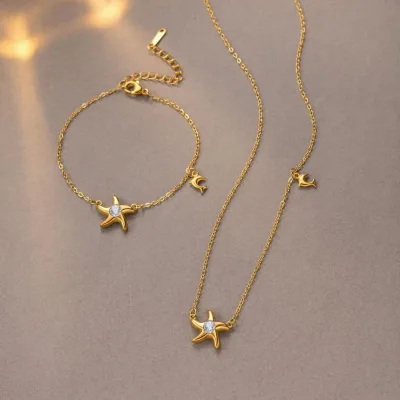 Stainless Steel Jewelry Set for Women Starfish Necklace and Dolphin Bracelet Zirconia Ocean Theme Jewelry