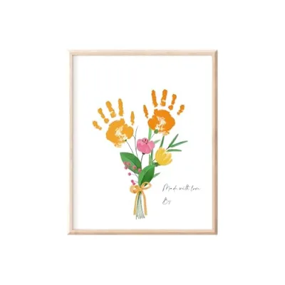 Poranlem Baby Handprint Craft Art DIY Floral Bouquet Kids Birthday Activity Wall Art Natural Wood Frame Handmade Photo Frame