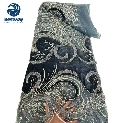 African Tulle Lace Fabric 5 Colors Baroque Scroll Swirl Design Heavy Beading Sequins Rhinestones for Nigerian Evening Dress