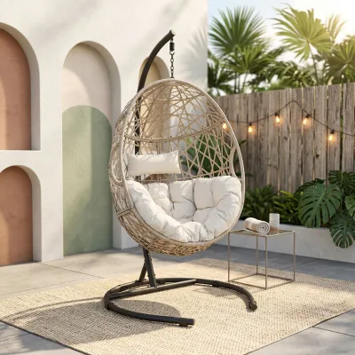 Rust-proof Metal Frame Hanging Egg Chair Wholesale Weather Resistant Rattan Swing Chair with Stand for Business Furniture