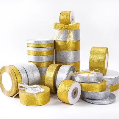 Gold Glitter Ribbon 0.6-5cm Silver Glitter Ribbon for Baking Cake Box Packaging, Bows, Gold and Silver Satin Ribbon